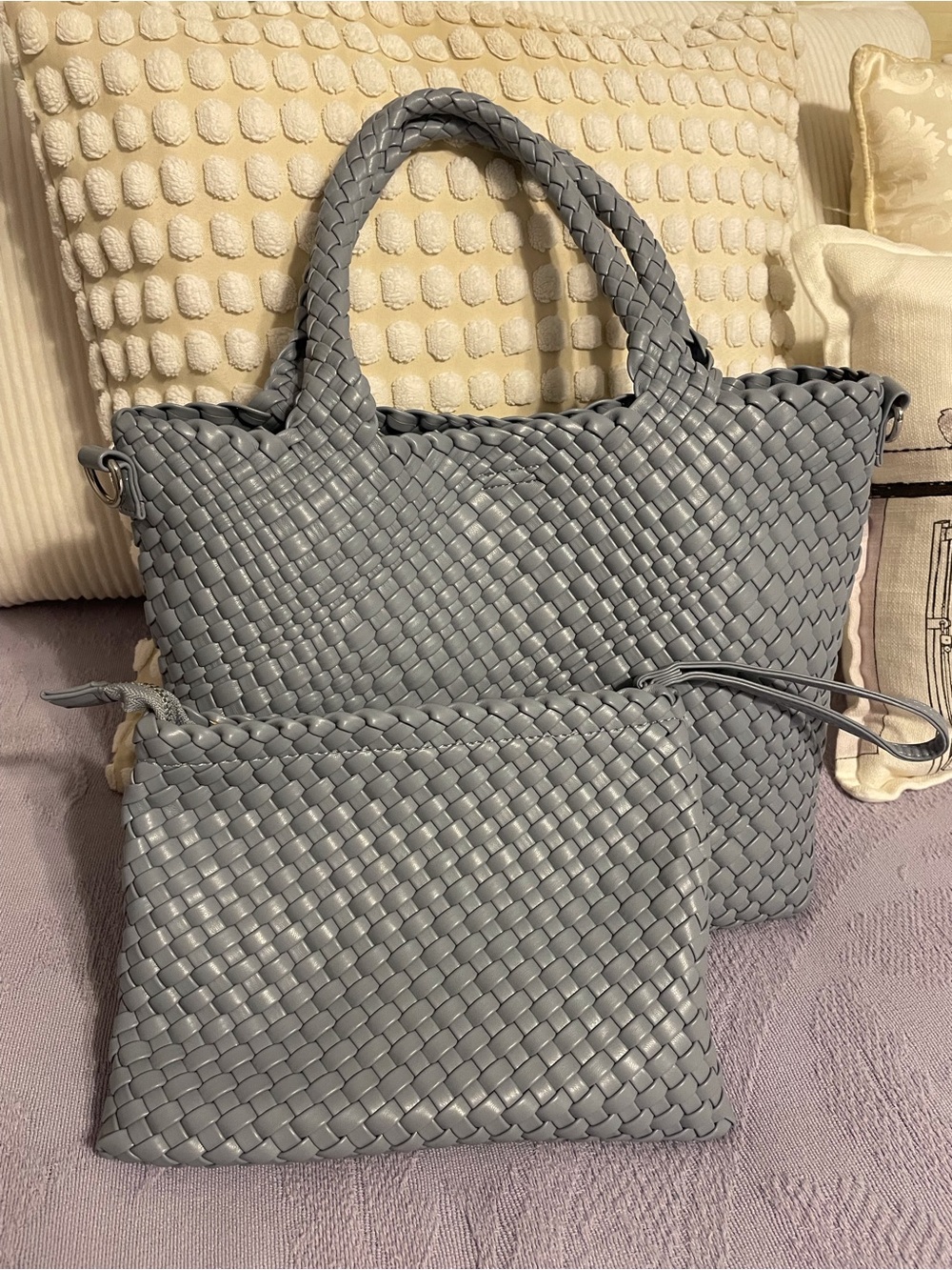 Woven faux Leather Tote and Pouch - Grayish Blue